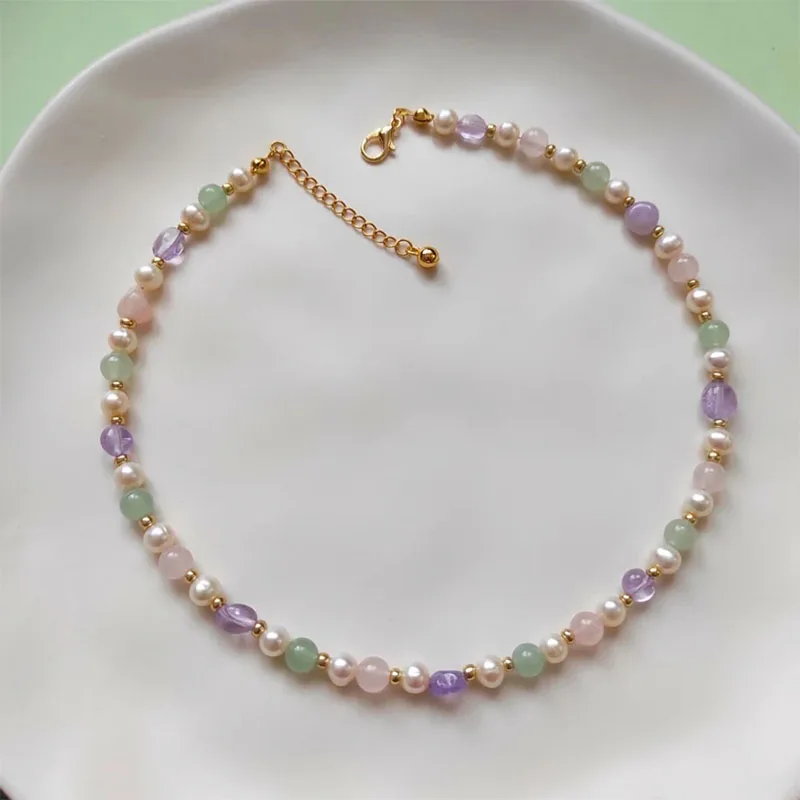 Gemstone Necklace Pearl Dainty Beaded Choker Amethyst Pink Quartz Gift for women