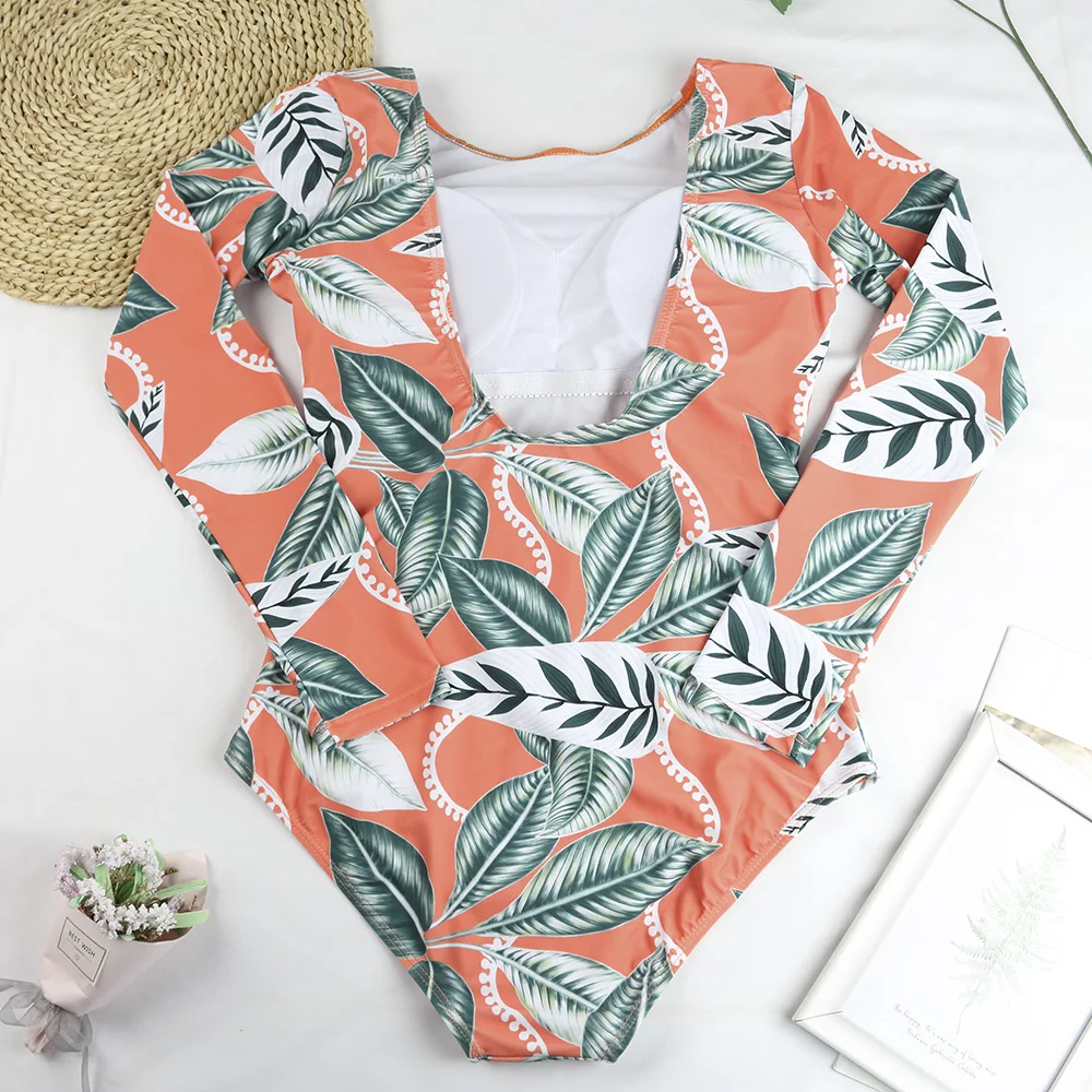 TYAKKVE Surf Swimwear Rash Guard Long Sleeve One Piece Swimsuit For Women Print High Neck Bodysuits Swim Suits Backless Monokini