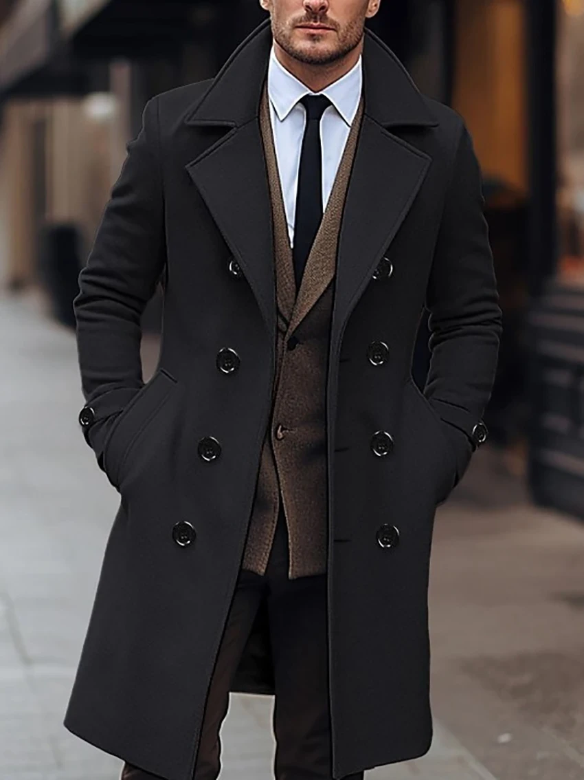 Autumn and winter men\'s woolen coat casual and fashionable double breasted long men\'s woolen coat