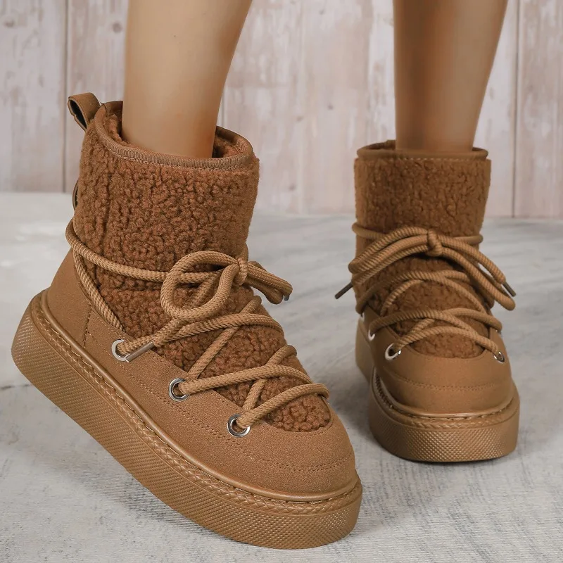 

New Women's Shoes Hot Sale Lace Up Women's Boots Winter Round Toe Plush Fleece for Warmth Solid Middle Tube Platform Snow Boots