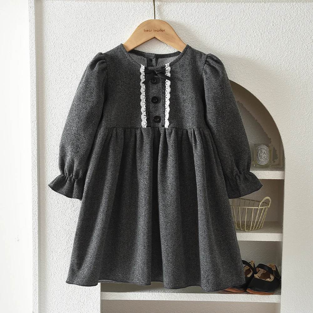 Herbstkleid für 3-7 Jahre alte Mädchen, grau, lässig, langärmelig, mit Spitze und Schleife, für den Alltag, koreanische Version