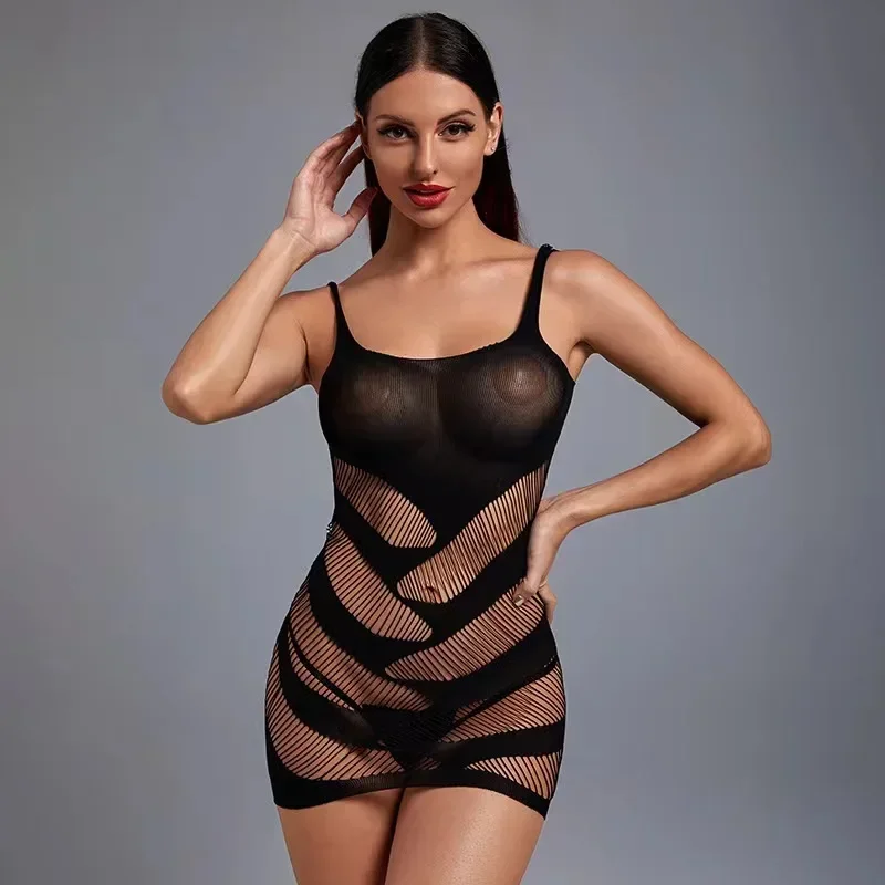 Zwart Sex Kostuum Vrouwen Transparante Mode Hol Halter Hals Strass Mini Vestido Sexys Kant Babydoll Visnet Mini Jurk