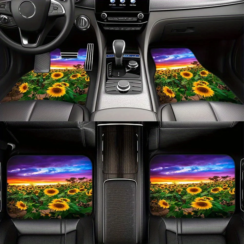 Universal Fit Polyester Fiber Car Floor Mats With Sunflower Field Design - Non-Slip, Washable Vehicle Mats For Cars, Vans, SUVs