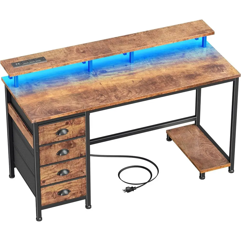 47 Reversible Gaming Desk with LED Lights, Power Outlets, Fabric Drawers, Rustic Brown