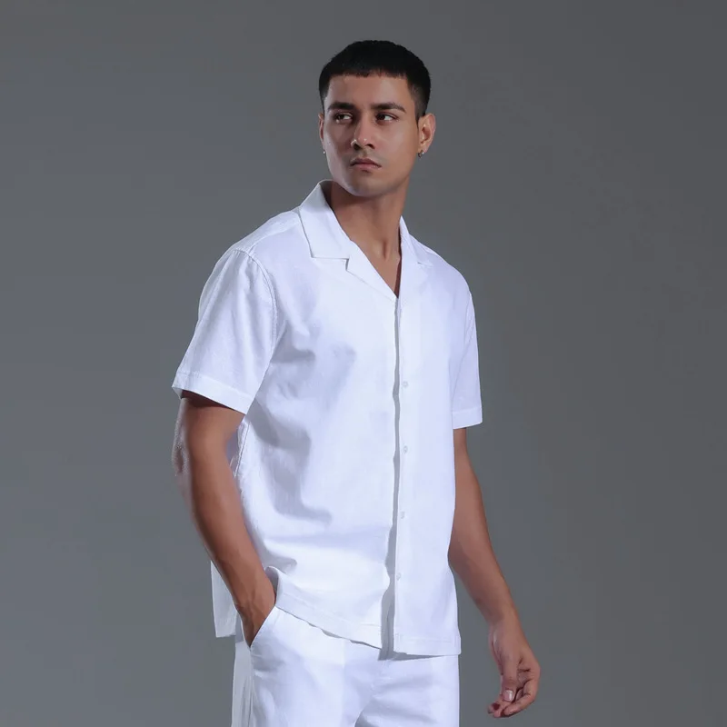 Men Cotton Linen Shirt Vacation Cuban Collar Short Sleeve Shirts Linen-cotton Blended Guayabera Blouse Mexica Casual Beach Tops