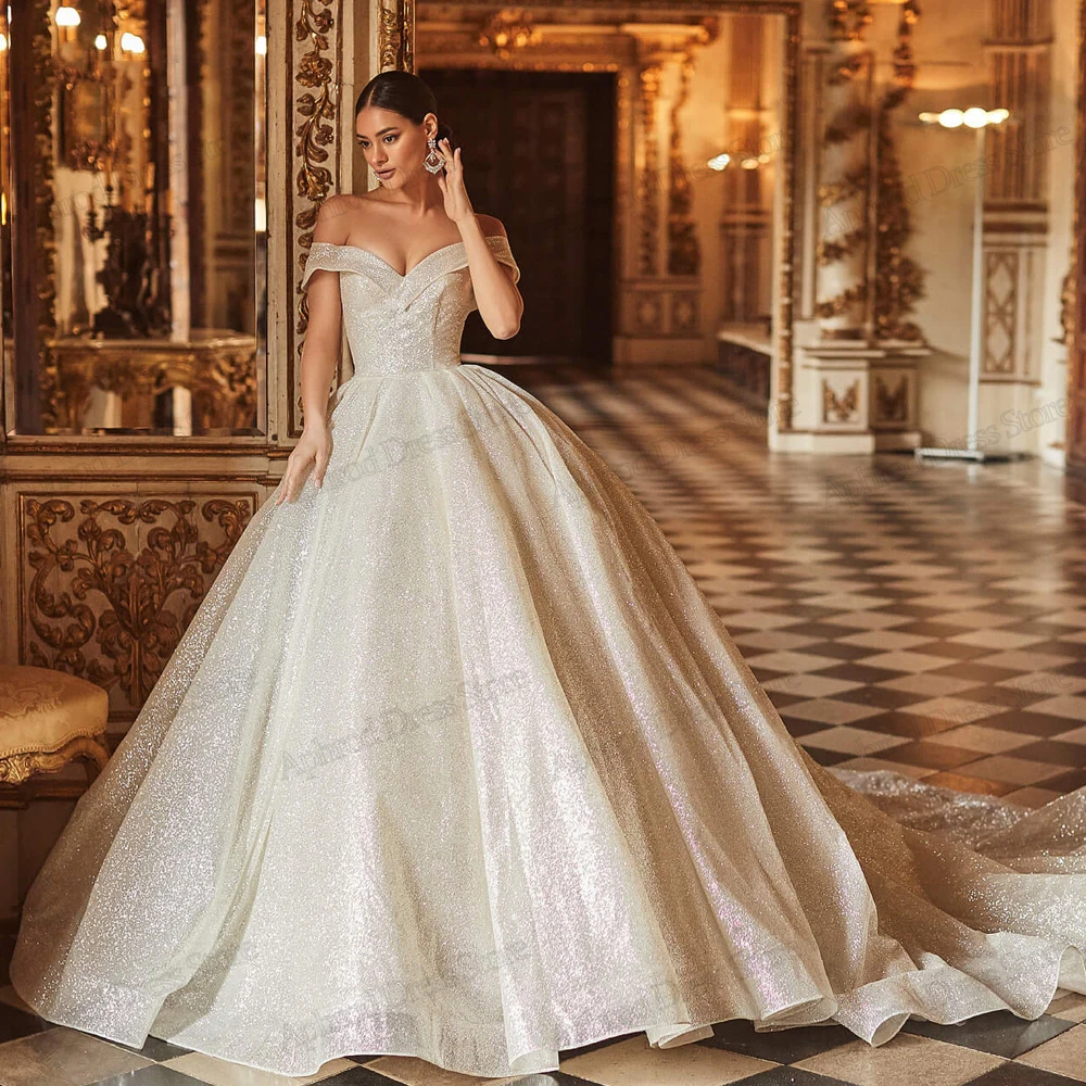 Vestidos De Novia con purpurina, Vestidos De Novia elegantes, apliques De lentejuelas con hombros descubiertos, Vestidos De princesa personalizados 2025