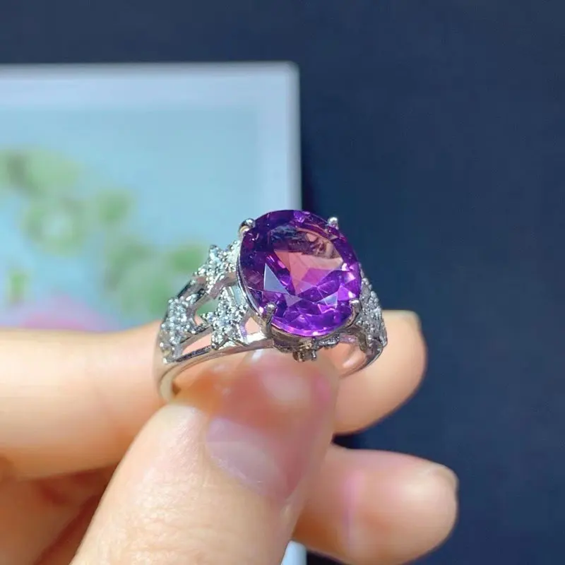 Sterling Silver Amethyst Ring for Party 10mm*12mm 5ct VVS Grade Natural Amethyst Silver Ring with Thick Gold Plated