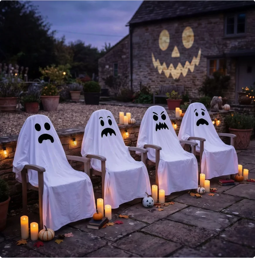 ハロウィンゴーストチェアカバー-不気味な顔の椅子カバー-屋外パティオ装飾-ホラーゴーストスツールカバー-ハロウィンパーティー装飾小道具