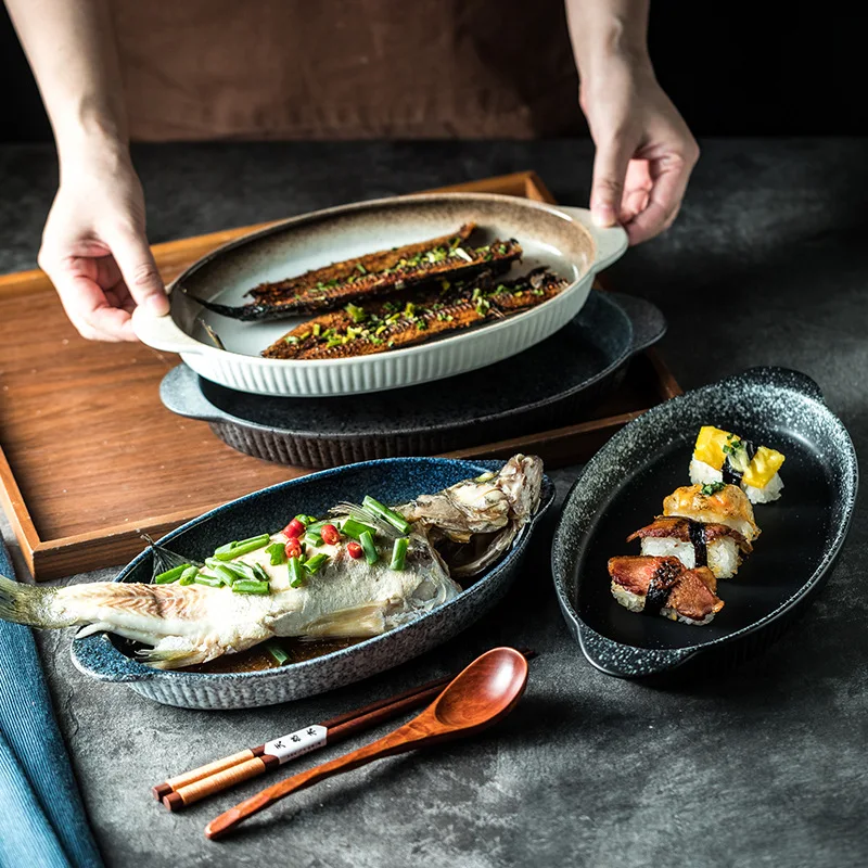 Japanese-Style Vintage Ceramic Fish Steaming Binaural Vertical Pattern Oval Long Platter Restaurant Egg Household Serving Plate