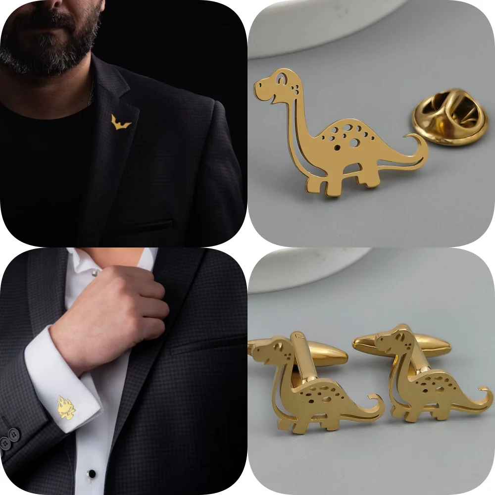 

Fashion cartoon dinosaur gold-plated stainless steel brooch, men's suit lapel pin, shirt buttons, cufflinks and badge set