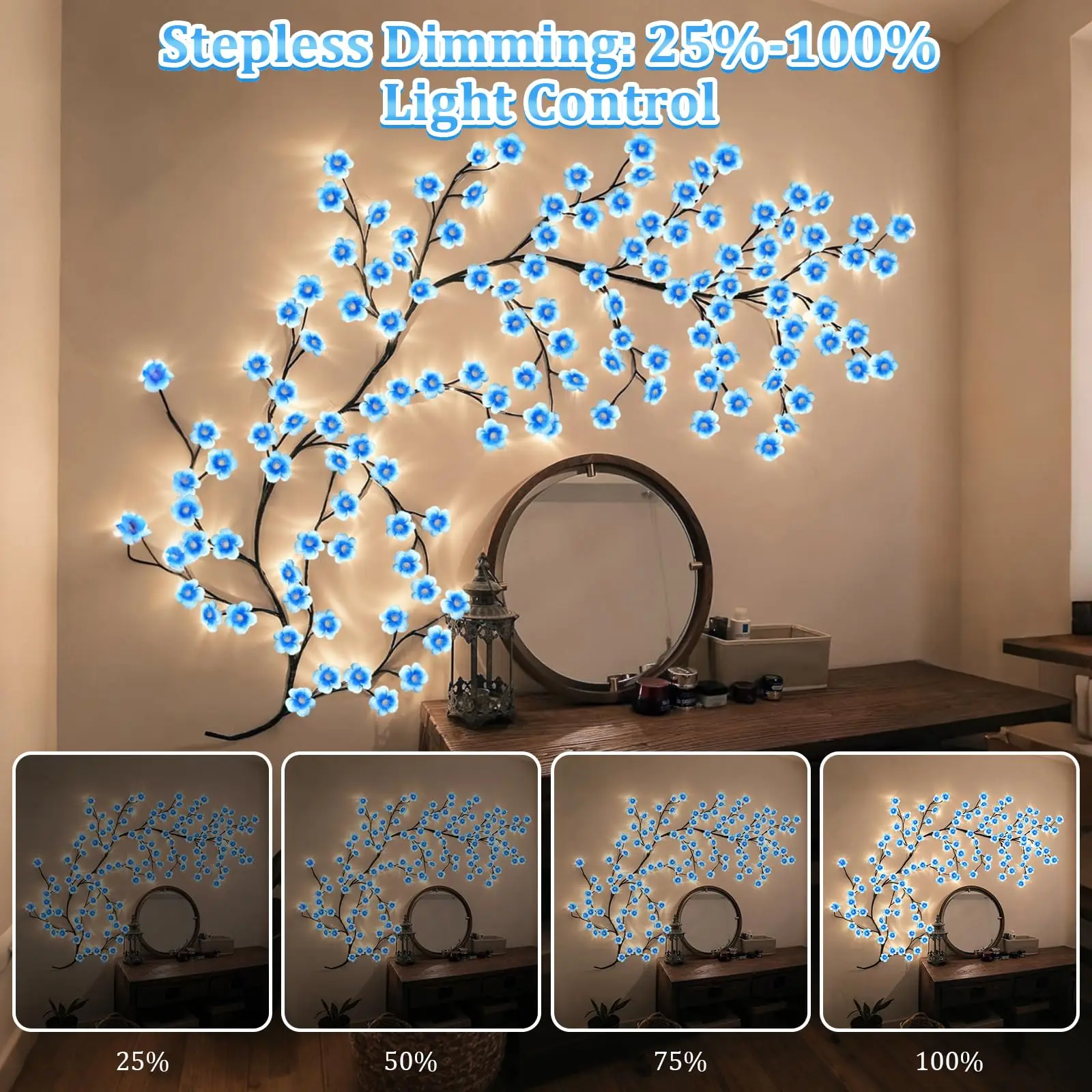 5.25 FT 72 LED Blue Cherry Blossom Tree Branch Lights For Wall Decor,8 Modes Artificial Cherry Blossom Willow Vine Lights With Remote And Timer,Blossom Decor For Home