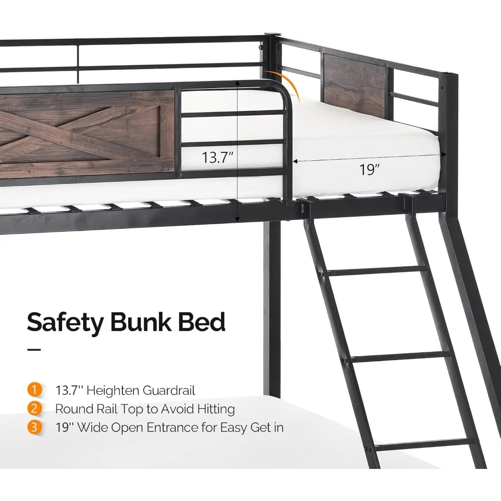 VINGLI Bunk Bed Twin Over Full Size with 2 Storage Drawers/Flat Rungs/Inclined Ladder, Heavy Duty Metal Slat Support, No Box Spr