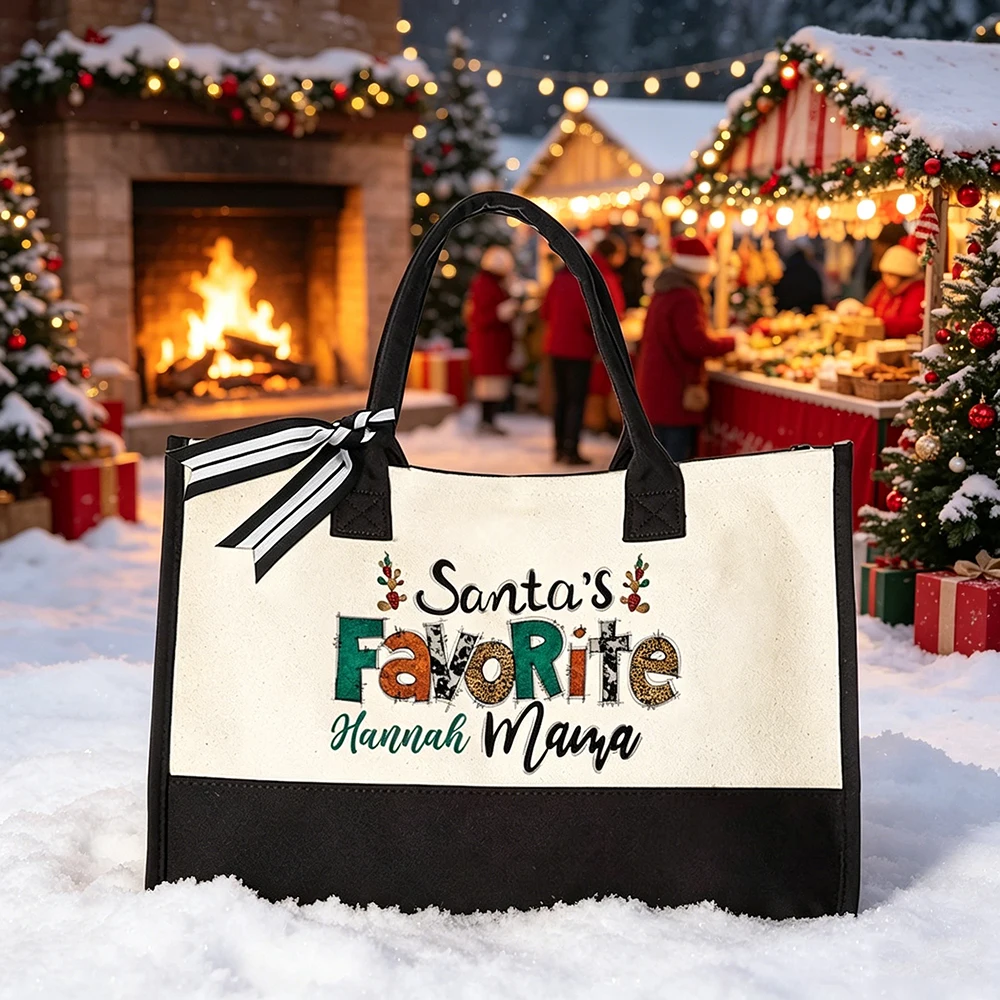 

Strip Canvas Tote Bag Custom Santa's Favorite Mom Text Print Young Parent Crowds Street Roam Daily Small Accessory Keeping Gift