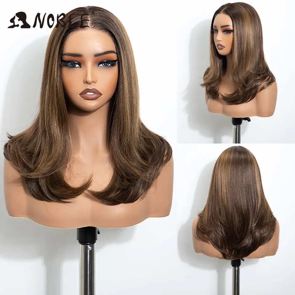 Noble 16-Zoll-Bob-Synthetikperücke mit Lace-Front, 13x3, vorgezupft, freier Scheitel, Ombre Braun-Blond, hitzebeständige Cosplay-Perücke für Damen – Detail 3