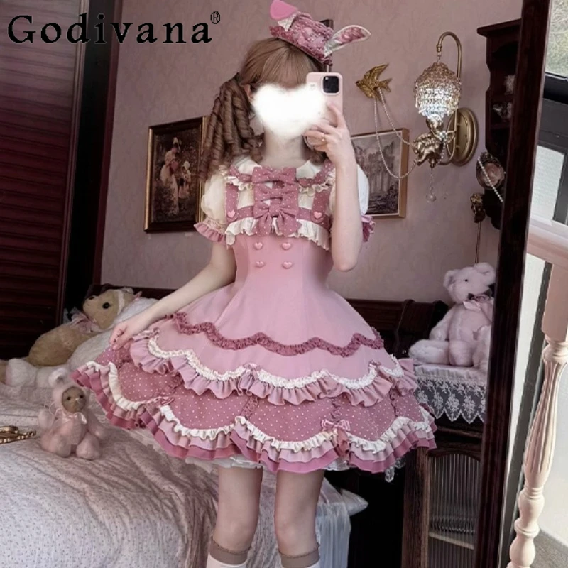 

Japanese Lolita Pink Dresses OP Summer Girl's Cute Bow Doll Collar Kawaii Dress Women's Daily High Waist Slim Dress Vestidos