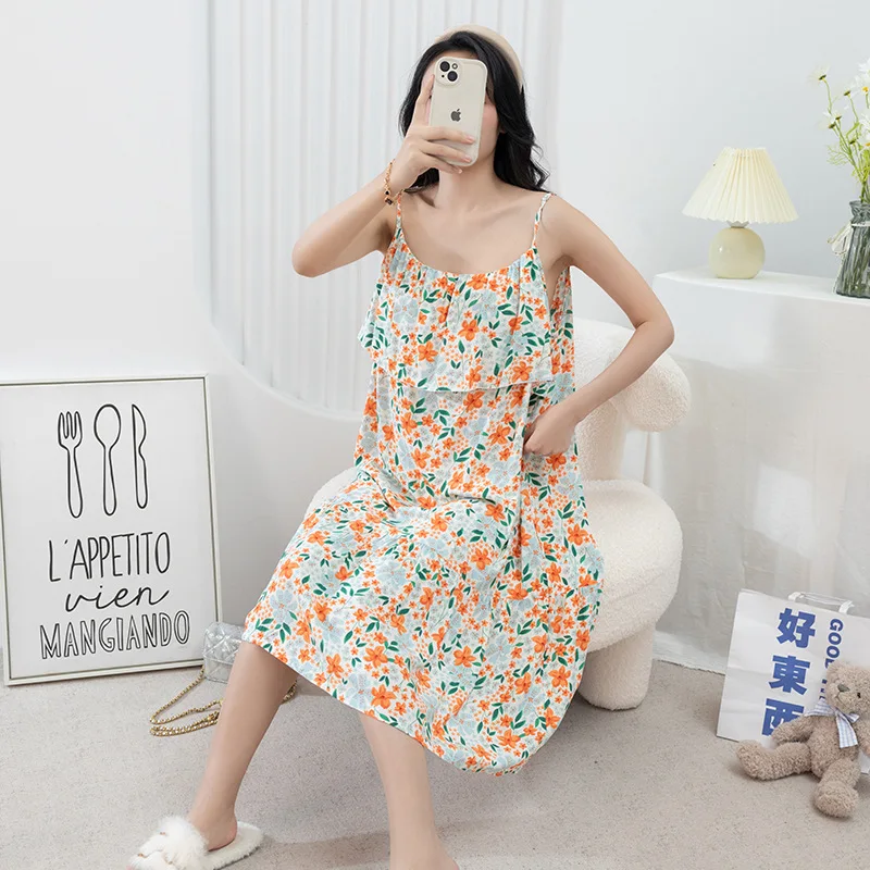 Casual Sleepwear Dress For Women Summer Sexy Suspender Nightdress Loose Home Wear Nightgowns Printed Night Female Nightshirt