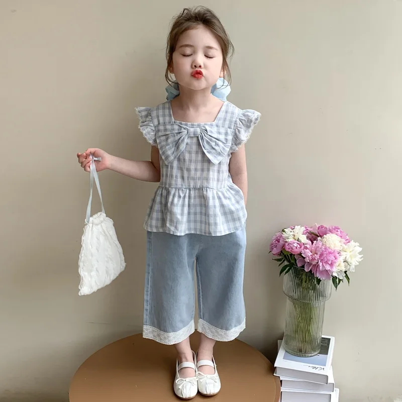 Girls Summer Bow Blue Plaid Doll Shirt Jeans Set 2025 New Foreign Style Baby Girl Fashionable Summer Clothes