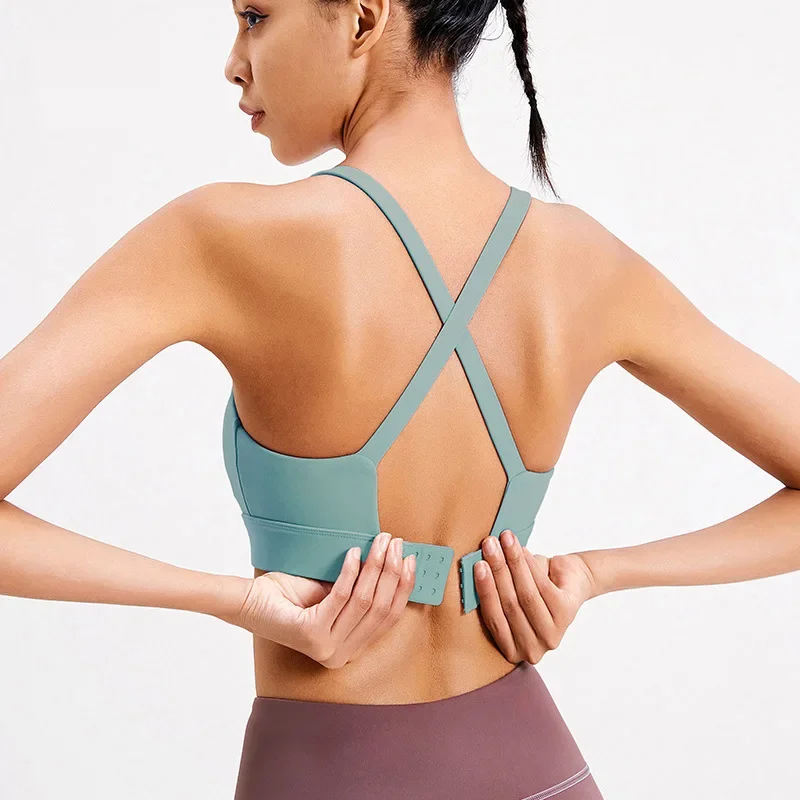Women High Support Cross Back Sports Bra Shockproof Quick Dry Integrated Cup Yoga Fitness Vest