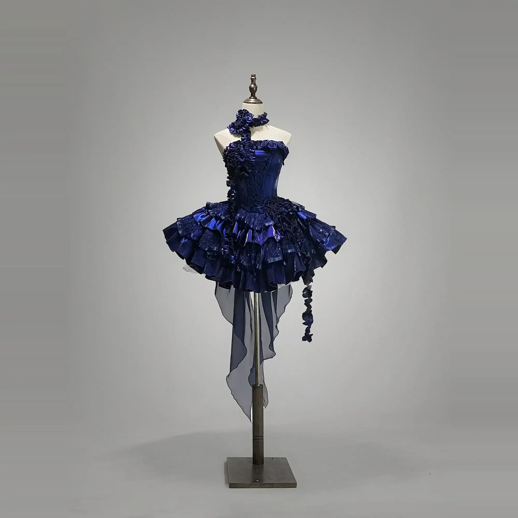 Vestido de princesa azul Lolita para mujer, vestido gótico de cintura alta, ajustado, elegante, a la moda, con volantes rosas en 3D, sin tirantes y sin mangas