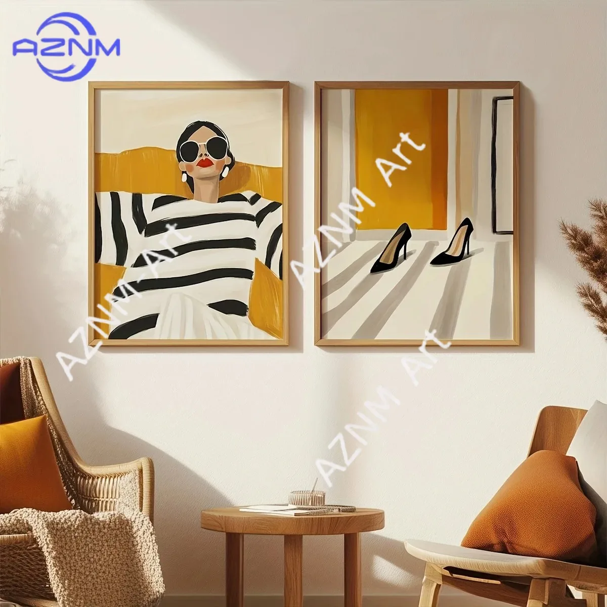 Abstract Portrait of A Woman & High Heels Canvas Print Black & White Striped Woman Wall Art Poster for Living Room Home Decor