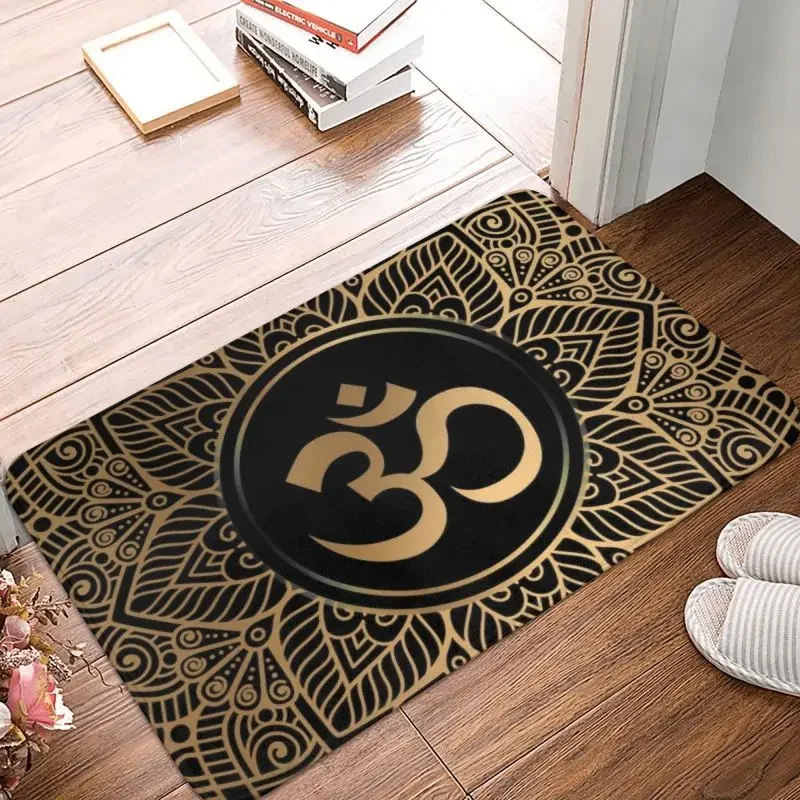 Golden Om Mandala Doormat Floor Door Kitchen Bath Mat Anti-Slip Outdoor Buddhism Aum Yoga Meditation Carpet Garage Entrance Rug