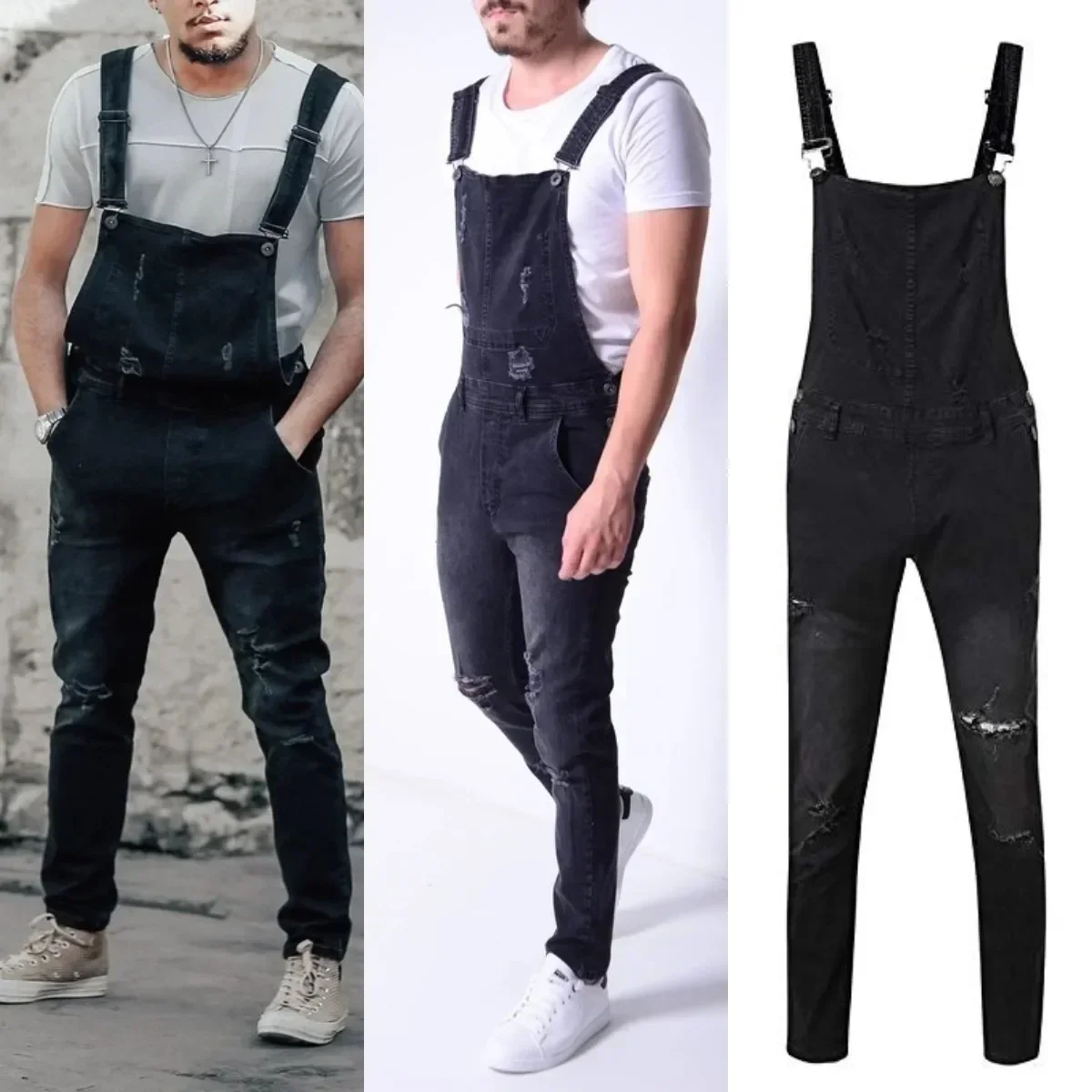 

Men’s Casual Trendy Washed Vintage Solid Color Hole Patched Jeans Overalls Pants 2025 New Fashion Male Slim Denim Trousers