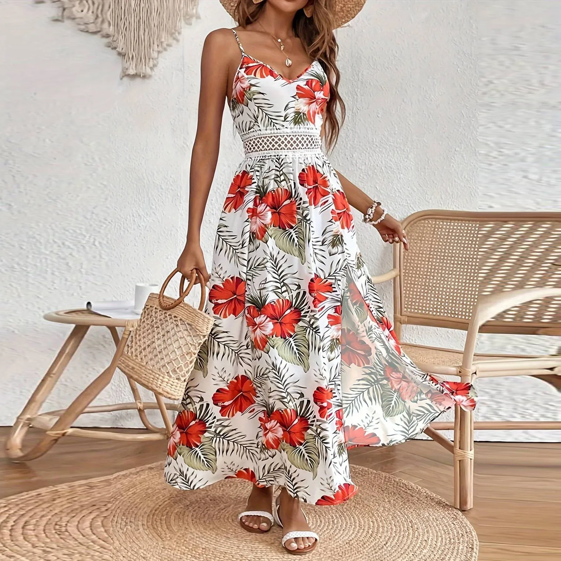 

Bohemia Chiffon Women's Dress Print Sleeveless Suspenders Long Dresses Summer Sexy Chest Wrap Splits Elegant Party Dresses Woman