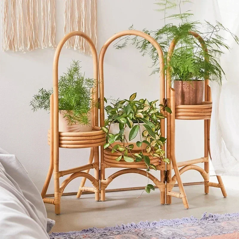 Natural Retro Plant Shelves Handmade Rattan Weave Stand for Flower Creative Folding Flower Base Interior Decoration Plant Holder