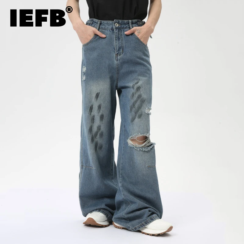 

IEFB High Street Men's Jeans Loose Vintage Worn-out Holes Dirty Printing Straight Wide Leg Denim Pants Summer 2024 New 9C6304