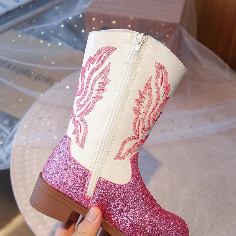 Kinder Mädchen Rosa Glitzer Western Cowboystiefel, Besticktes Design, Seitenreißverschluss, Rutschfeste Sohle für Verkleidungen & Freizeitkleidung EU-Größe – Detail 10