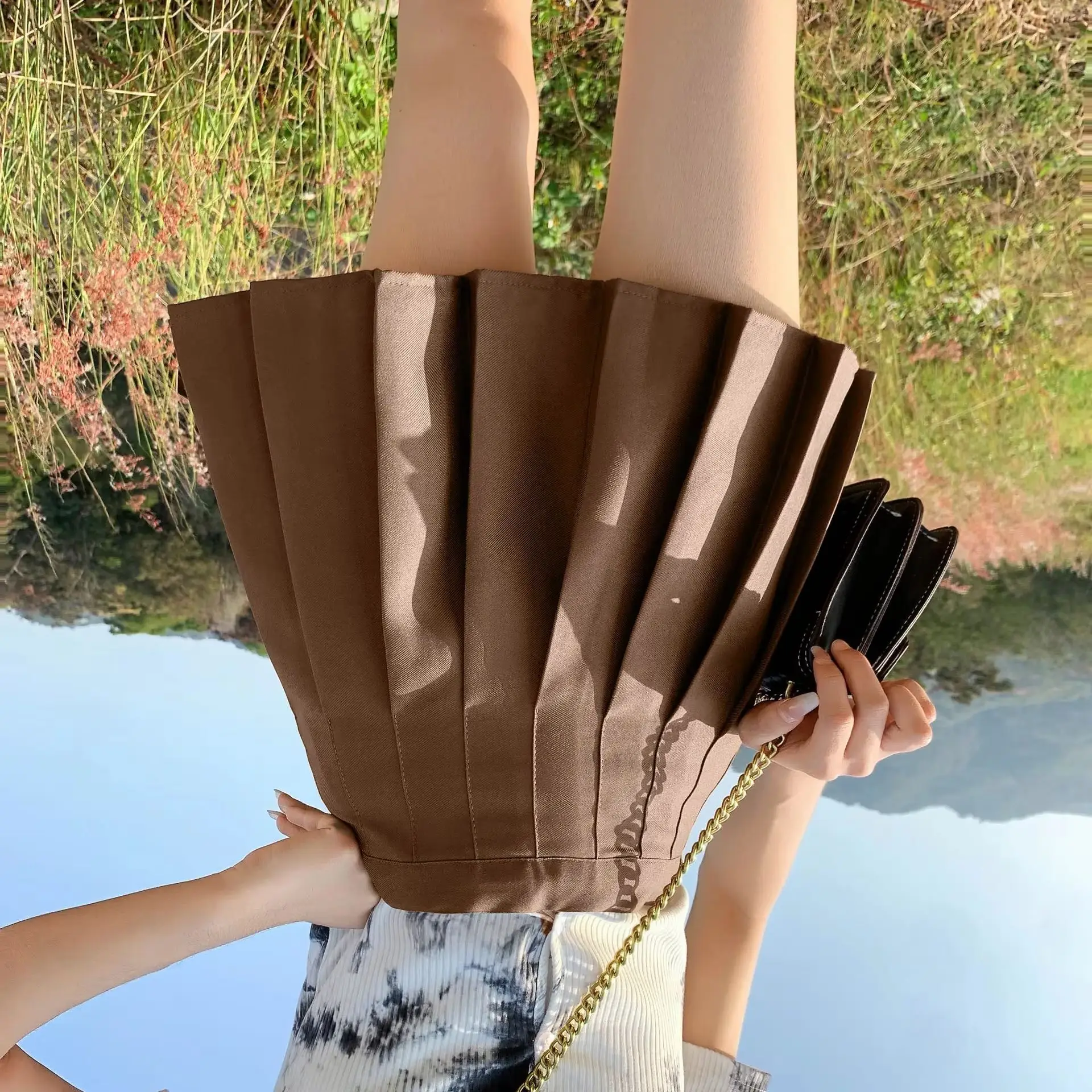 Black Pleated Mini Skirt Women's Summer Tennis Skirt Slimming High Waist A- Line Half-length Skirt for Young Girls Polyester Fib