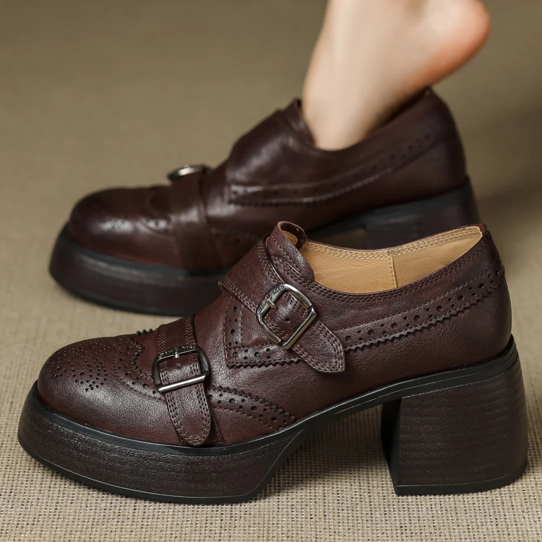 

Women's cow leather double metal buckle carving British style 7cm chunky heel platform female daily heeled dress shoes for woman