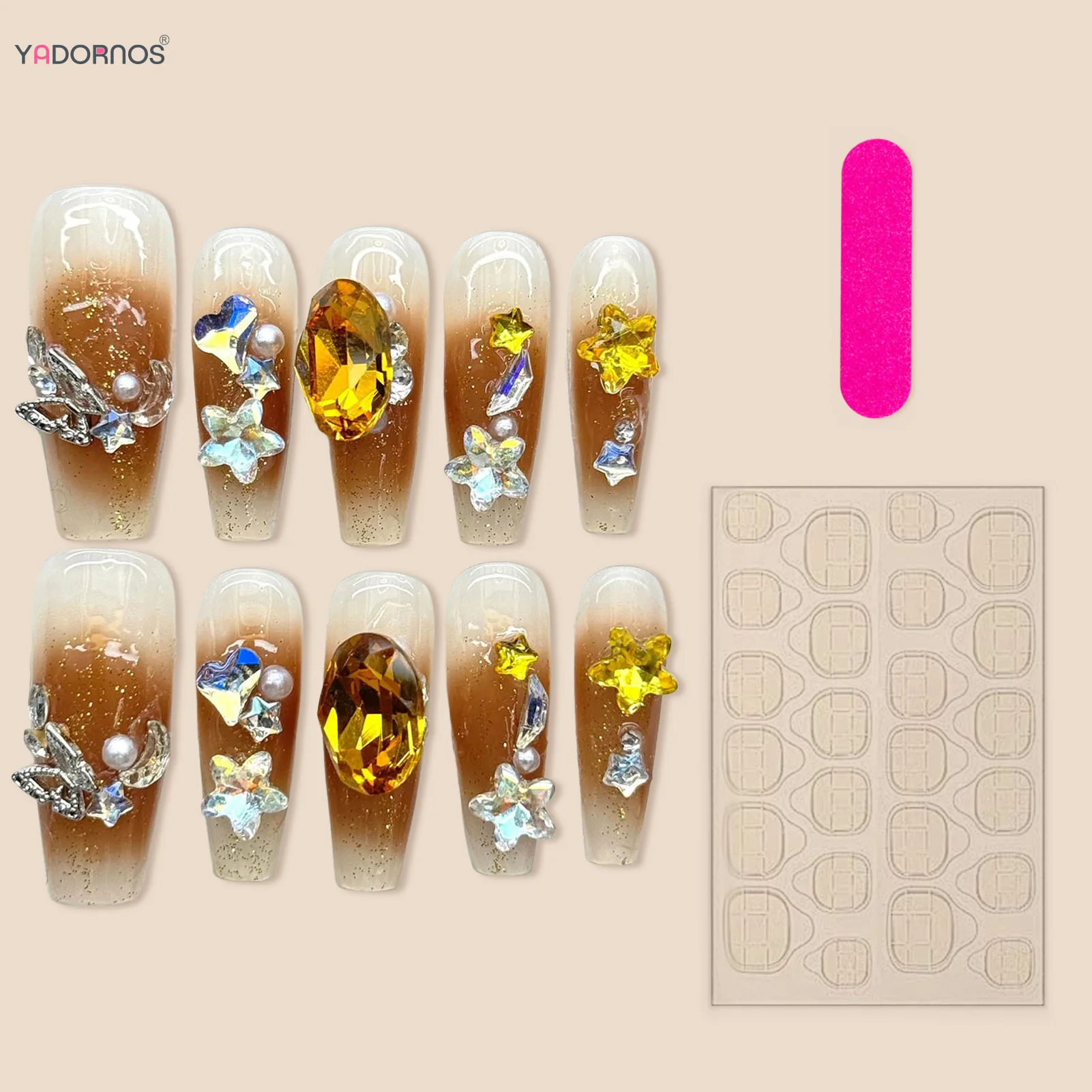 Blush Champagne Press on Nails with Glitter Diamond Butterfly Moon Star Decor Long Ballet Fake Nails Wearable False Nails Tips