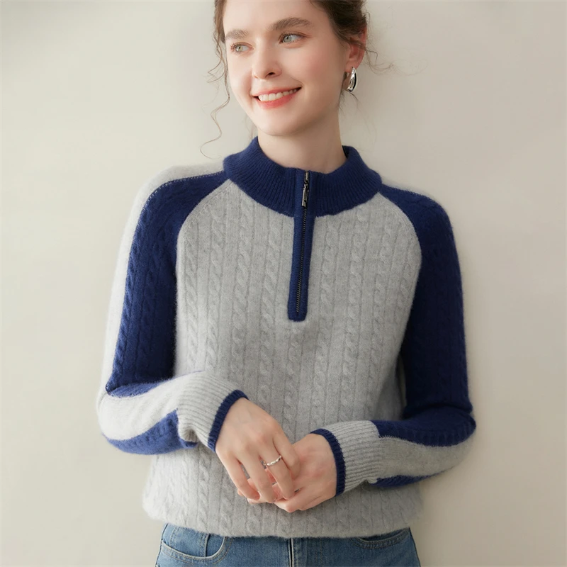 

Autumn/Winter Women's 100% Cashmere Pullover Casual blocked Knitted Sweater Loose Zipper Half High Collar Tops Thick Warm Jumper