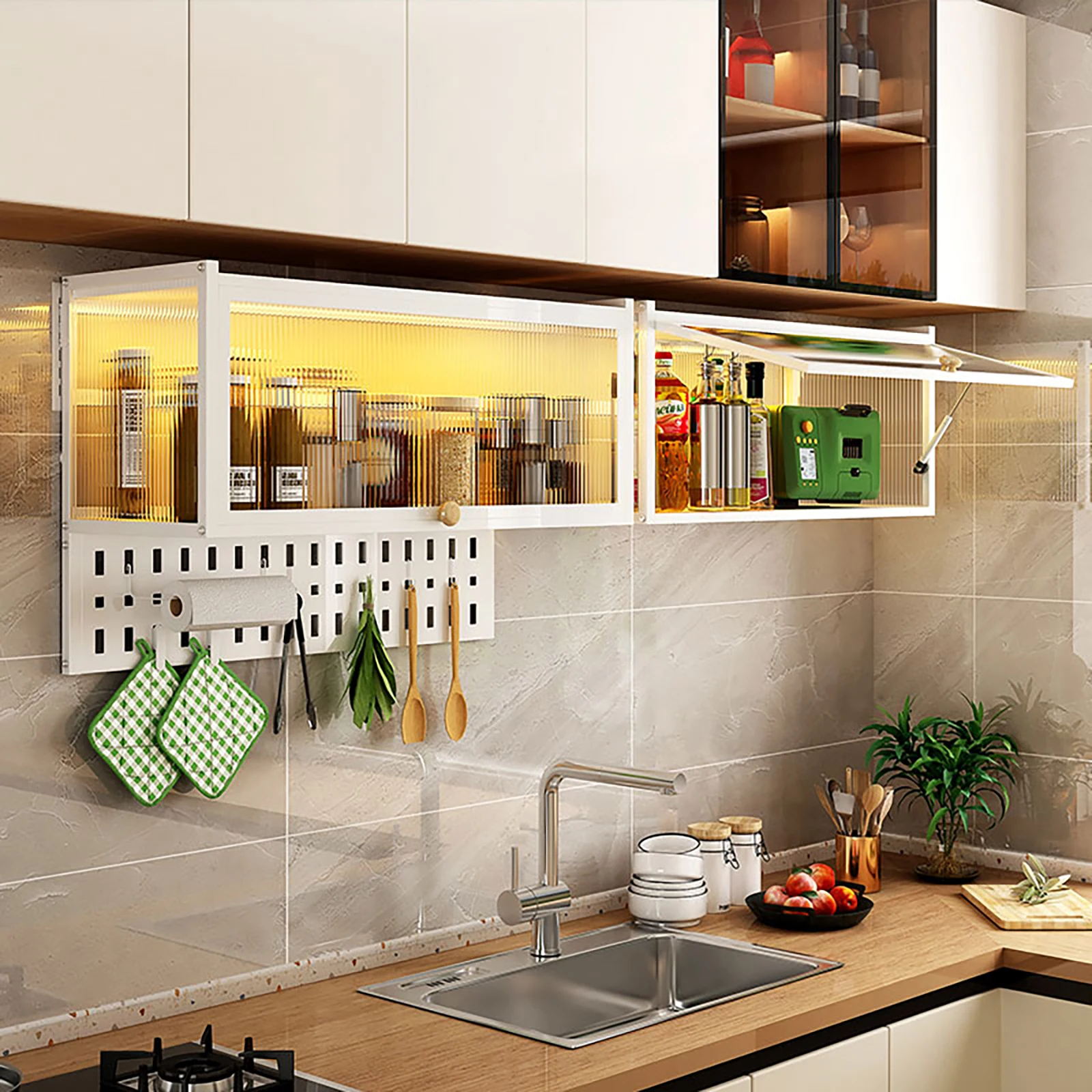 Kitchen Wall-mounted Cabinet With Hanging Board With Holes -White Translucent Wall Cabinet Balcony Kitchen