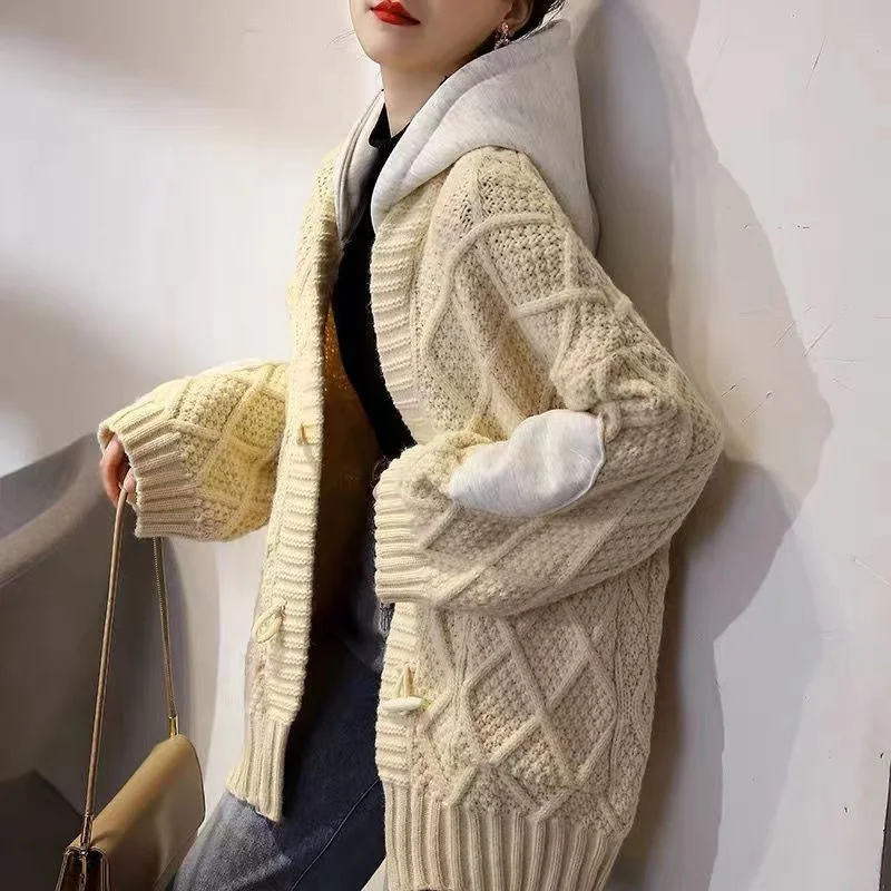 

Mid-Long Cardigans In Woman Womens Winter Puff Lace-Up Collared Button Long-Sleeve Fur-Collar Fitting Kntthing Pearl Edge Tender