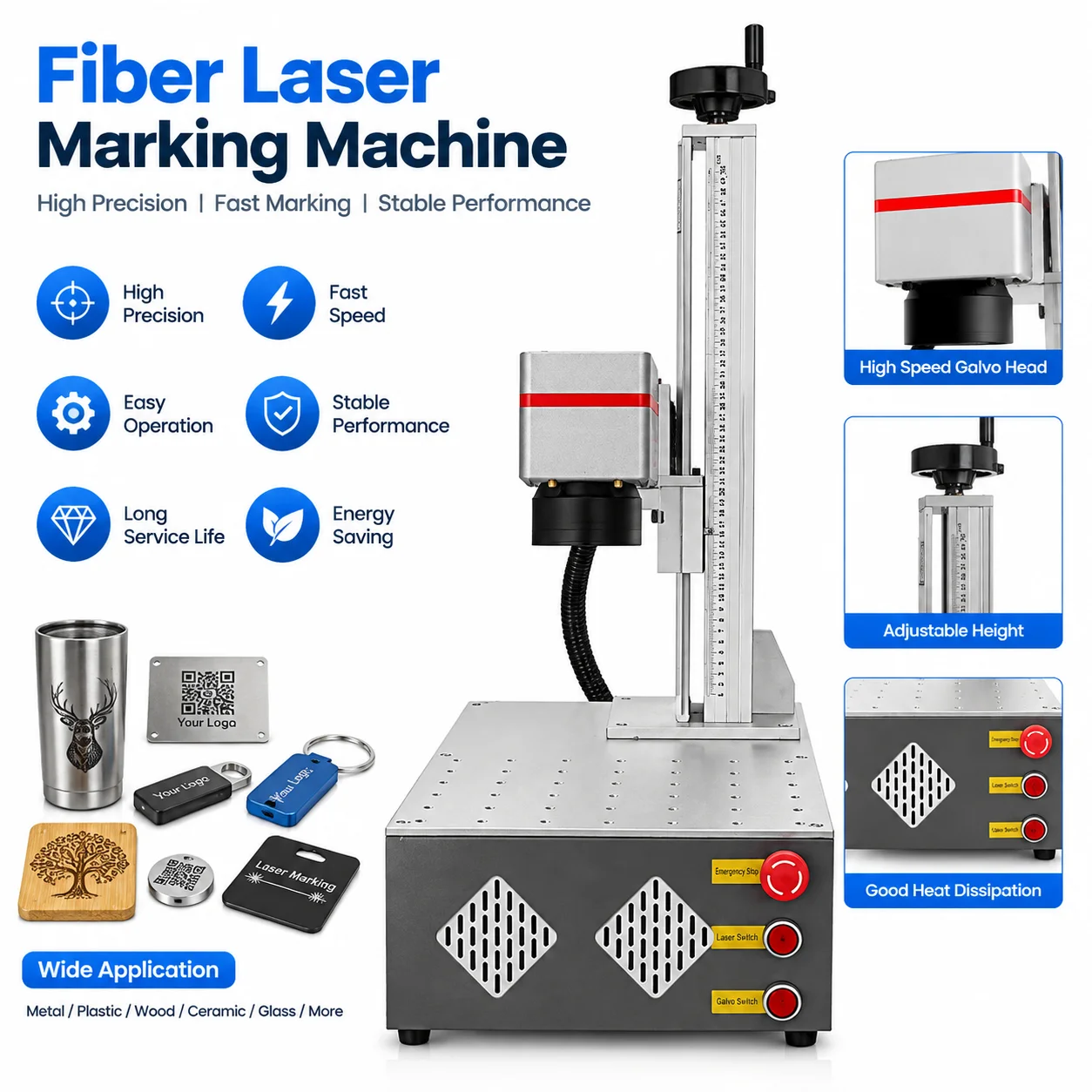 100W Jpt M7 Mopa CO2/Fiber Laser Marking Machine New Portable Bench-Top Air-Cooled 300x300mm 80mm Rotary Axis Supporting DXF/PLT