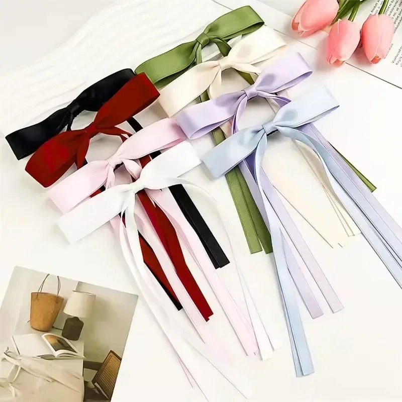 4/6/8 PCS Satynowa wstążka Kokardki Spinki do włosów dla kobiet Koreański pot Długie frędzle Ogony Kokarda Zestaw spinek do włosów Akcesoria dla dziewczynek