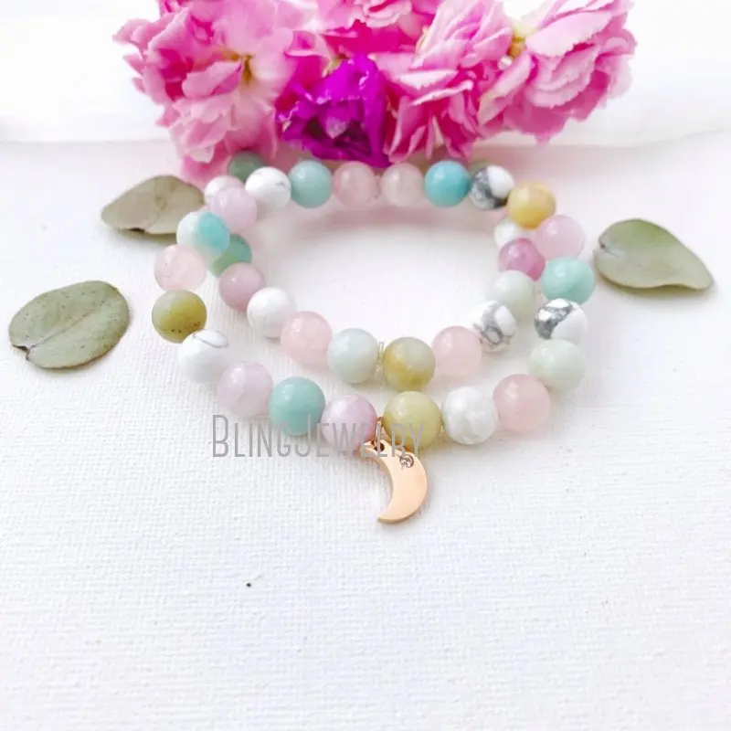 

WMB43517 Amazonite Rose Quartz And Howlite Mala Bracelet Wrist Healing Yoga Set of 2