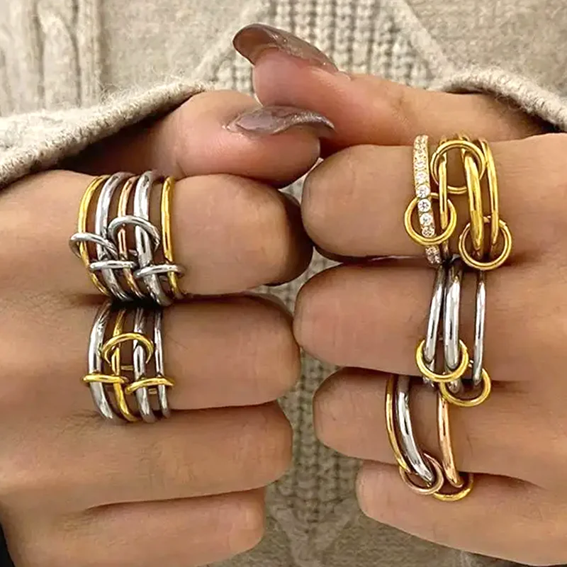 Hip Hop Stainless Steel Zircon Inlaid Multi-layer Stackable Rings for Women Non Tarnish Interlocked Ring Jewelry Wholesale