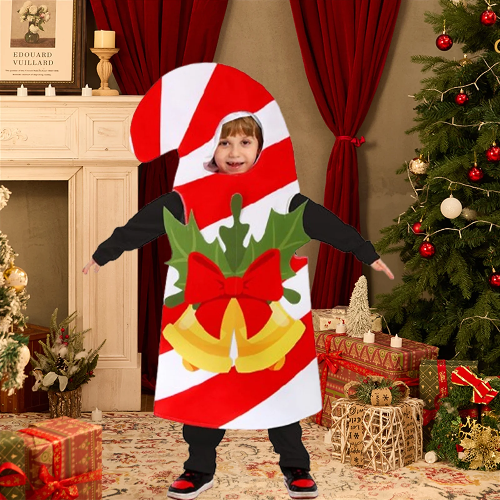 

Kids Candy Cane Costume, Sleeveless Bells Print Vest Christmas Costume for Cosplay Party