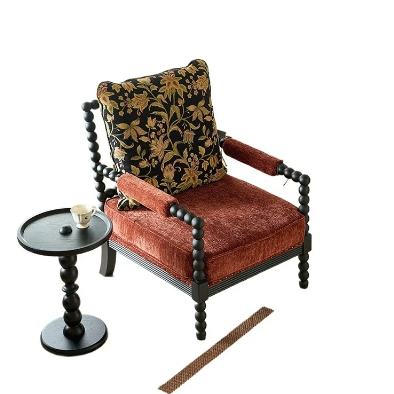 

Casual French retro single sofa, American solid wood lazy black casual stool, fabric home