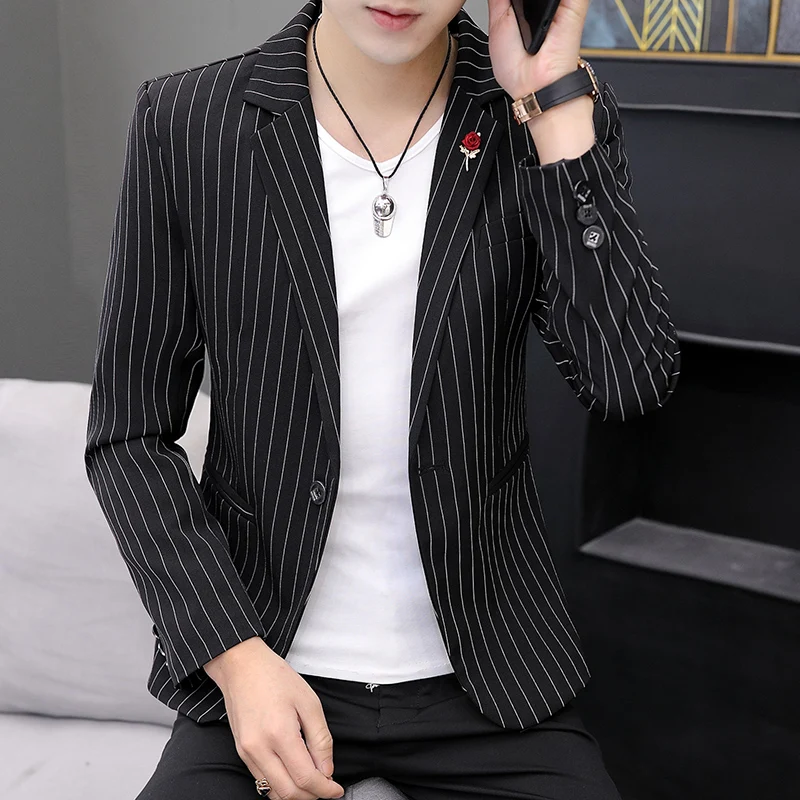 

Мужской повседневный костюм в полоску: приталенный пиджак в корейском стиле для молодежи, весенне-осенний, тонкий, модный, городской, для взрослых, длинный.