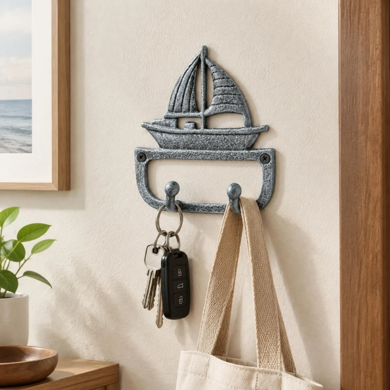 E06B Antique Cast Iron Boat Wall Hook with Two Hooks for Keeping Keys and Accessories Together as Decorative Coastal Accent