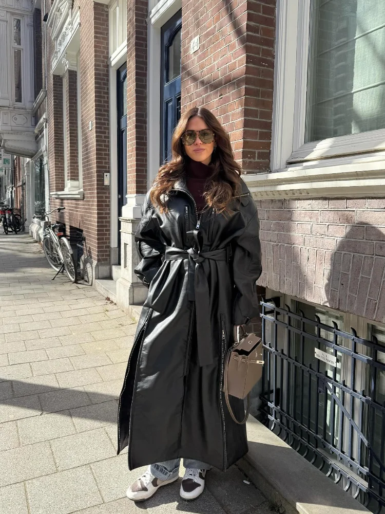 

Fashion Glossy Leather Long Jacket Women Casual Lapel Full Sleeve Zipper Irregular Split Lace-up Coats 2026 Lady Highstreet Coat