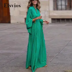 Autumn Elegant Flare Sleeve Bohemia Long Dress Sexy V Neck Loose Beach Maxi Dress Fashion Lattice Print Women Pleat Party Dress