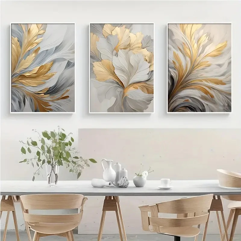 3pcs/set Golden White Leaves Poster Canvas Print Wall Art Luxury Posters Living Room Bedroom Office Hallway Decoration Painting