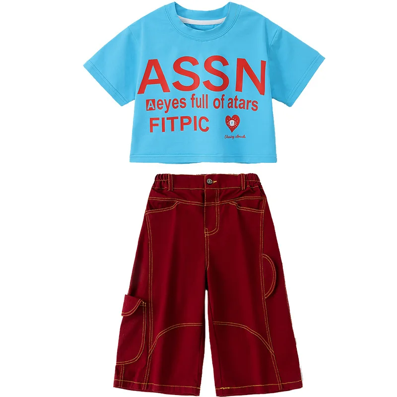 Enfant Kpop Hip Hop vêtements bleu culture t petit haut vin rouge décontracté jambe large poche Capri pantalon pour filles Jazz danse Costume vêtements