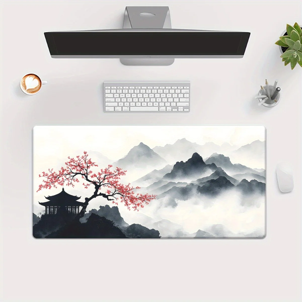 대형 미끄럼 방지 마우스 패드 동아시아 풍경 벚꽃 산 & 탑 디자인 게임용 내구성 있는 2D 평면 표면