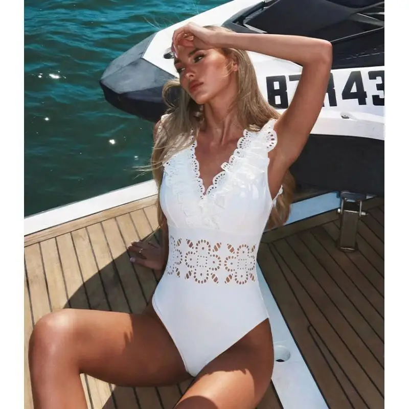 Flaxmaker 2026 Summer Solid Swimsuit And Skirt Women V Neck Sleeveless Ruffle White Laser Cutting Flower Hollow Swimsuit Set
